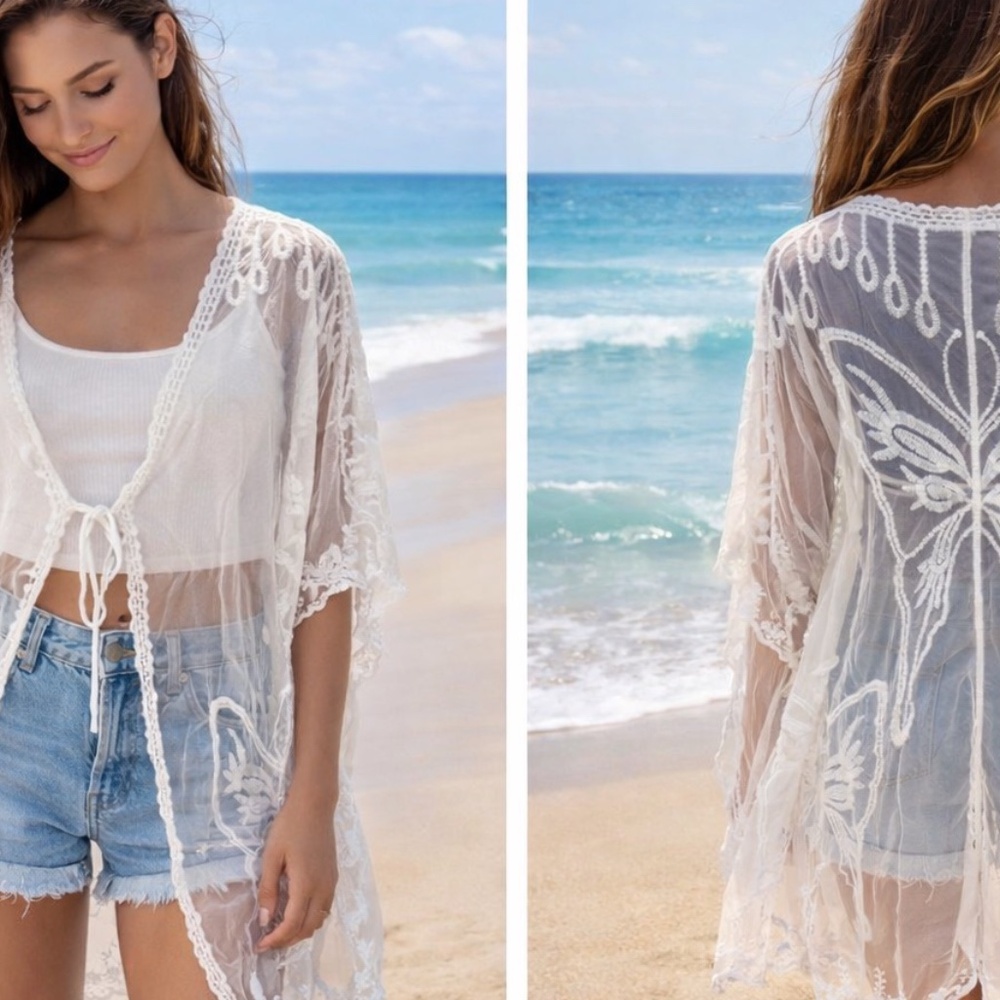 Boho Y2K Butterfly Lace Cover-Up – Tulip‎ Creation White Sheer Kimono